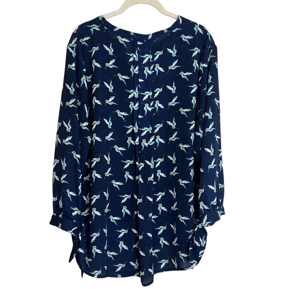 41 Hawthorn Womens Blouse XXL Navy Blue Hummingbird Print Tie Sleeve - Picture 4 of 7